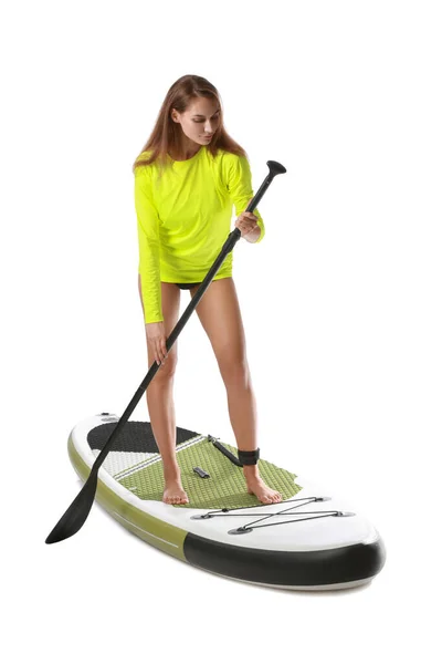 Sporty Young Woman Board Sup Surfing Oar White Background — Stock Photo, Image