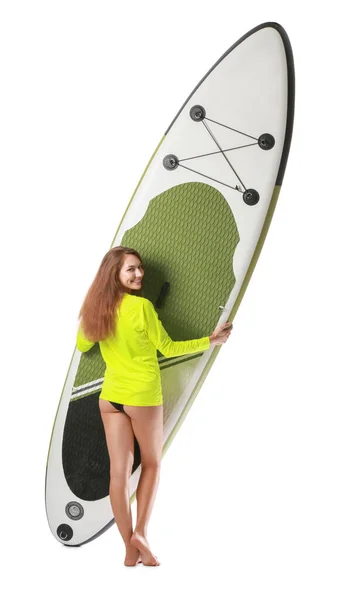 Beyaz Arka Planda Sörf Tahtası Olan Sportif Genç Bir Kadın — Stok fotoğraf