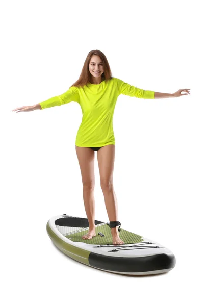 Sporty Young Woman Board Sup Surfing White Background — Stock Photo, Image