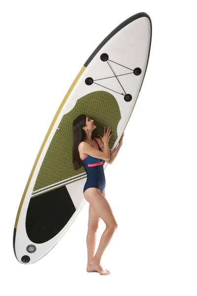 Jovem Desportiva Com Placa Para Sup Surf Fundo Branco — Fotografia de Stock