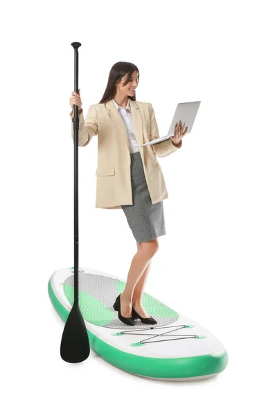 Young Businesswoman Laptop Oar Standing Sup Board White Background — Stock Photo, Image