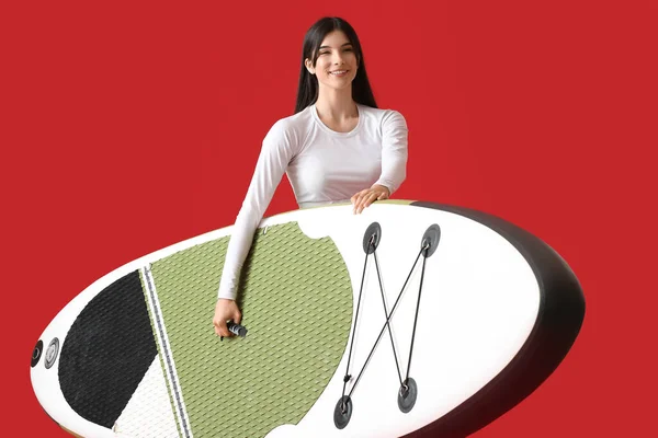 Sporty Young Woman Board Sup Surfing Color Background — Stock Photo, Image