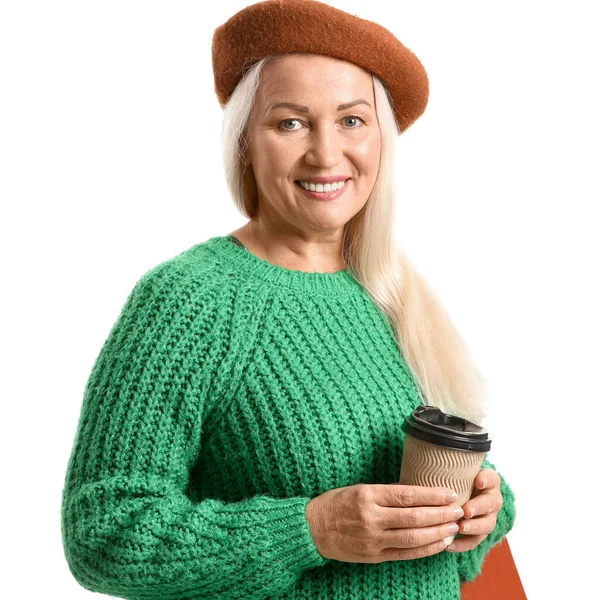 Smiling Mature Woman Beret Hat Holding Paper Cup Drink White — Stock Photo, Image