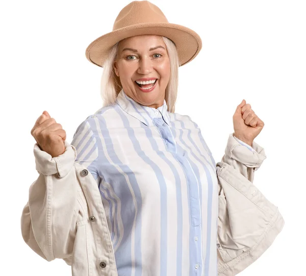 Ευτυχισμένη Ώριμη Γυναίκα Καπέλο Τσόχας Λευκό Φόντο — Φωτογραφία Αρχείου