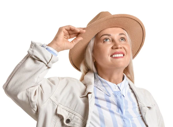 Mature Woman Felt Hat Looking White Background — Stock Photo, Image