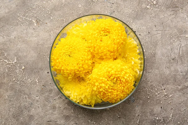 Bowl Yellow Chrysanthemum Flowers Grey Background — Stock Photo, Image
