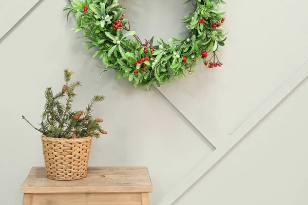 Wicker Basket Fir Tree Branches Pine Cones Table Christmas Wreath — Stock Photo, Image