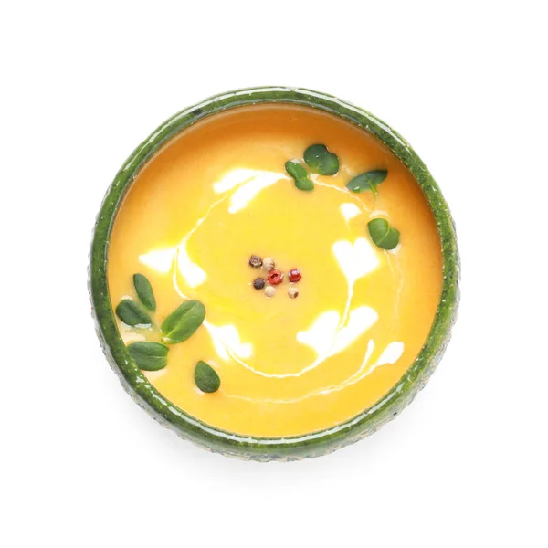 Bowl Delicious Homemade Pumpkin Cream Soup White Background — Stock Photo, Image