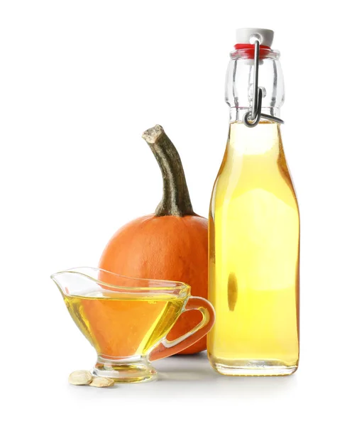 Bottle Pumpkin Seed Oil White Background — Stock Photo, Image