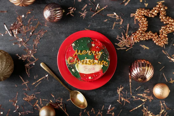 Christmas Composition Tasty Bento Cake Plate Dark Background — Stock Photo, Image