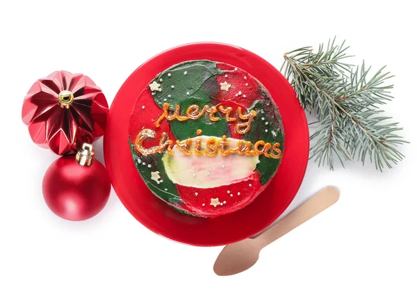 Plate Tasty Bento Cake Christmas Balls Fir Branch White Background — Stock Photo, Image