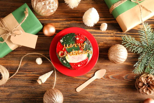 Weihnachtskomposition Mit Leckerem Bento Kuchen Teller Auf Holzgrund — Stockfoto