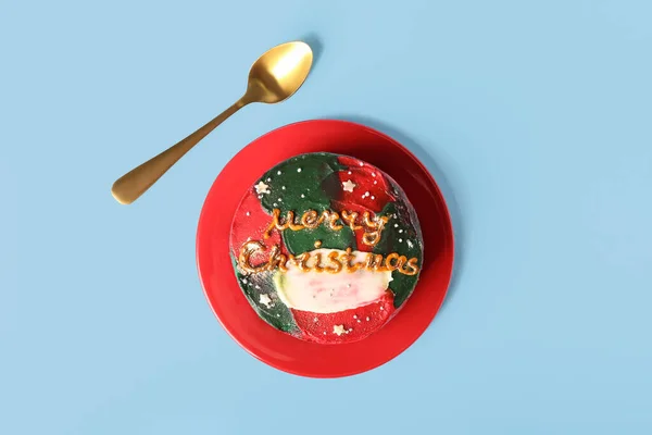 Plate Christmas Bento Cake Color Background — Stock Photo, Image