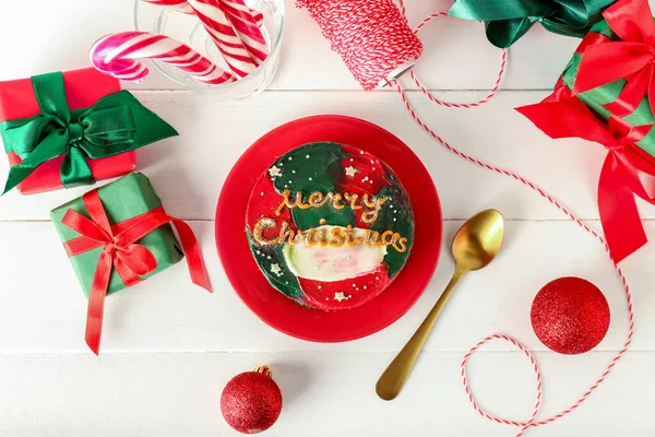 Plate Tasty Bento Cake Christmas Decor Light Wooden Background — Stock Photo, Image