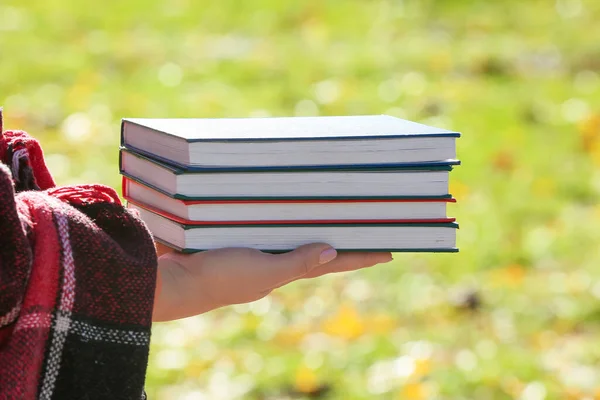 Woman Plaid Holding Stack Different Books Sunny Autumn Day — Stock Photo, Image