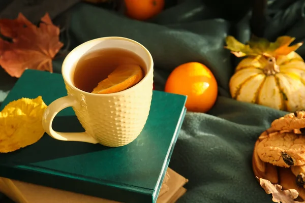 Cup Tea Stack Books Autumn Decor Fabric Background Closeup — Stock Photo, Image