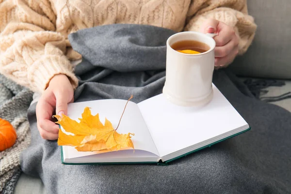 Woman Holding Cup Tea Opened Book Autumn Leaf Closeup — Stock Photo, Image