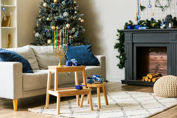 Elegante Interior Habitación Decorada Para Celebración Hanukkah — Foto de Stock