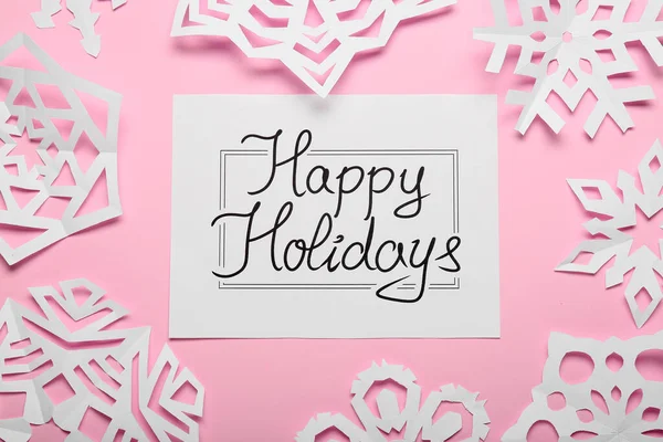 Paper Snowflakes Greeting Card Text Happy Holidays Color Background — Stock Photo, Image