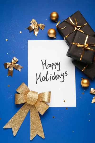 Cartão Saudação Com Texto Happy Holidays Decoração Natal Caixas Presente — Fotografia de Stock
