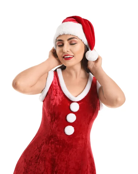 Sexy Jovem Mulher Santa Traje Fundo Branco — Fotografia de Stock