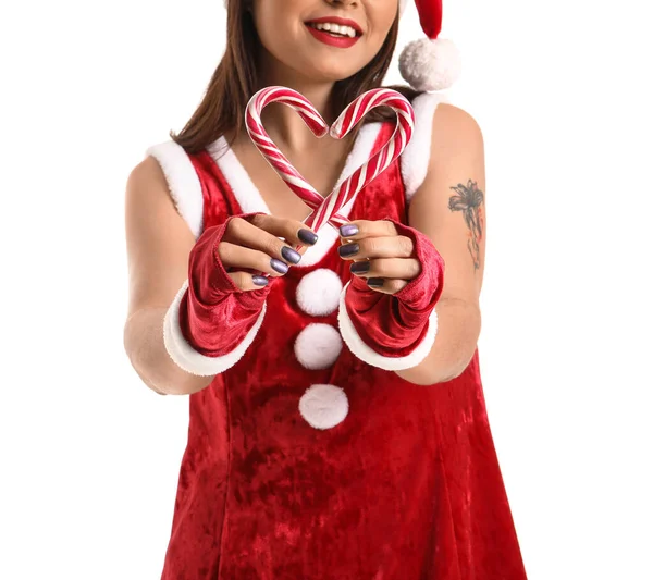 Сексуальная Молодая Женщина Костюме Санта Клауса Палками Белом Фоне — стоковое фото