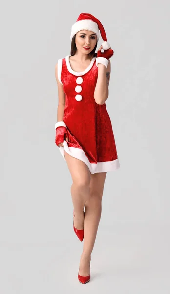 Sexy Young Woman Santa Costume Light Background — Stock Photo, Image