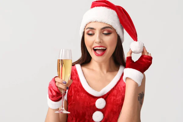 Sexy Jeune Femme Costume Père Noël Avec Champagne Sur Fond — Photo
