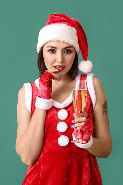 Sexy Young Woman Santa Costume Champagne Color Background — Stock Photo, Image