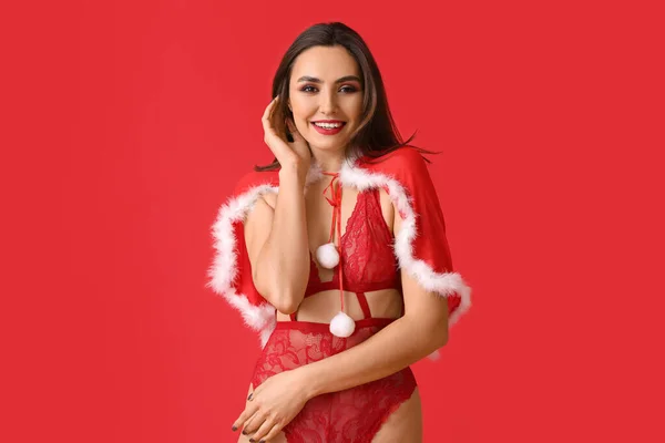 Sexy Young Woman Santa Costume Lingerie Color Background — Stock Photo, Image