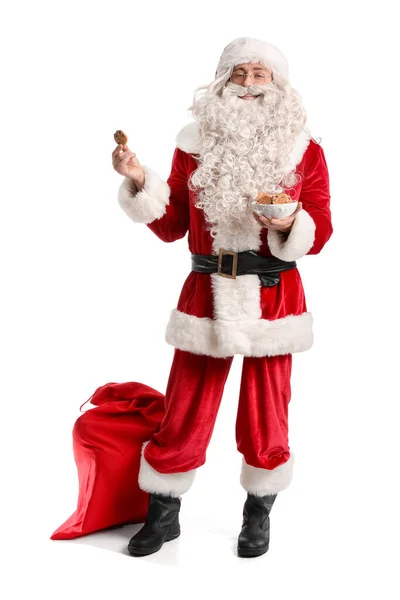 Санта Клаус Вкусным Печеньем Мешок Белом Фоне — стоковое фото