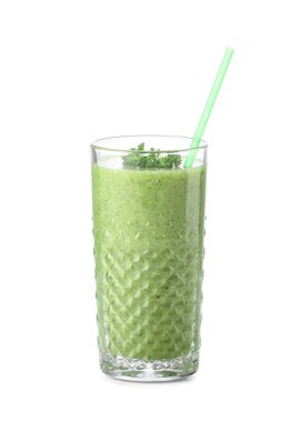 Beyaz arka plan üzerinde izole sağlıklı yeşil Smoothie bardak