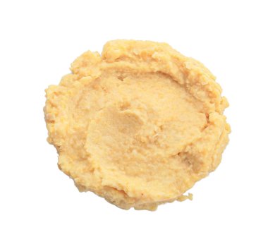 Beyaz arka planda leziz humus kokusu.