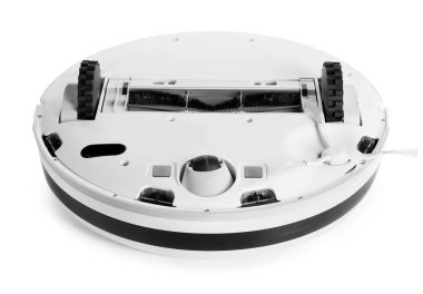 Beyaz arka planda modern robot elektrik süpürgesi