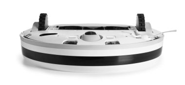 Beyaz arka planda modern robot elektrik süpürgesi