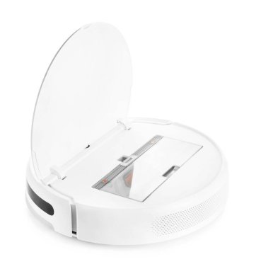 Beyaz arka planda modern robot elektrik süpürgesi