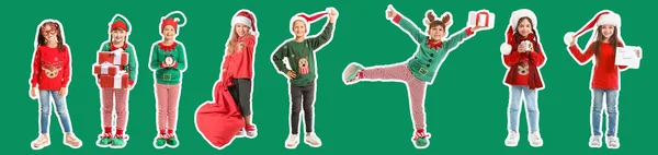 Groep Gelukkige Kinderen Vieren Kerstmis Groene Achtergrond — Stockfoto