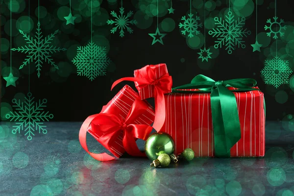 Stylish Christmas Gifts Balls Dark Background — Stock Photo, Image