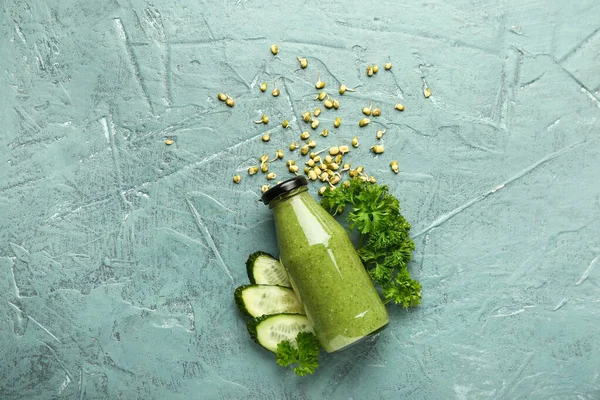 Bottle Healthy Green Smoothie Vegetables Grunge Color Background — Stock Photo, Image