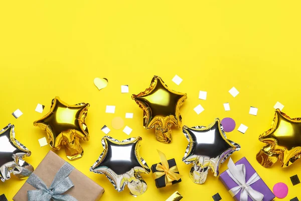 Beautiful Balloons Gift Boxes Yellow Background — Stock Photo, Image
