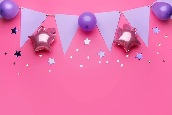 Beautiful Balloons Confetti Garland Pink Background — Stock Photo, Image