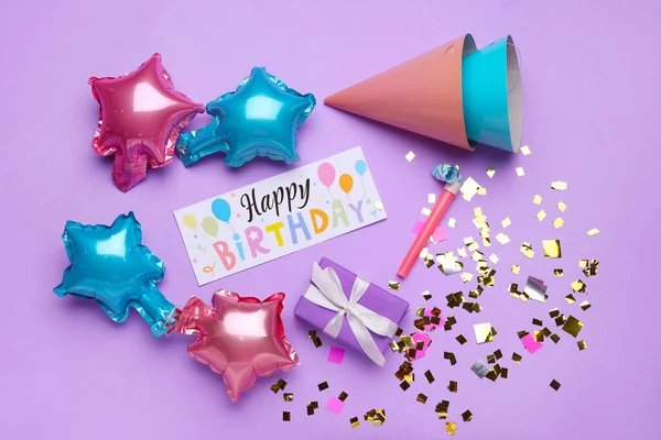 Text Happy Birthday Party Nastavit Fialovém Pozadí — Stock fotografie