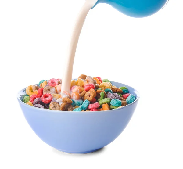 Pouring Milk Bowl Colorful Cereal Rings White Background — Stock Photo, Image