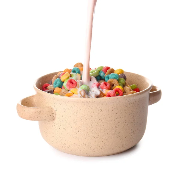 Pouring Milk Bowl Colorful Cereal Rings White Background — Stock Photo, Image