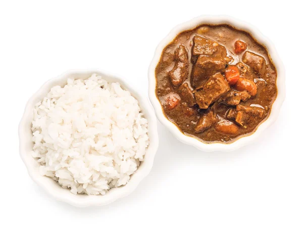 Bowls Tasty Beef Curry Rice White Background — Stock Photo, Image