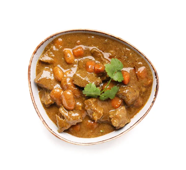 Talerz Smaczną Wołowiną Curry Białym Tle — Zdjęcie stockowe