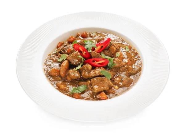 Talerz Smaczną Wołowiną Curry Białym Tle — Zdjęcie stockowe