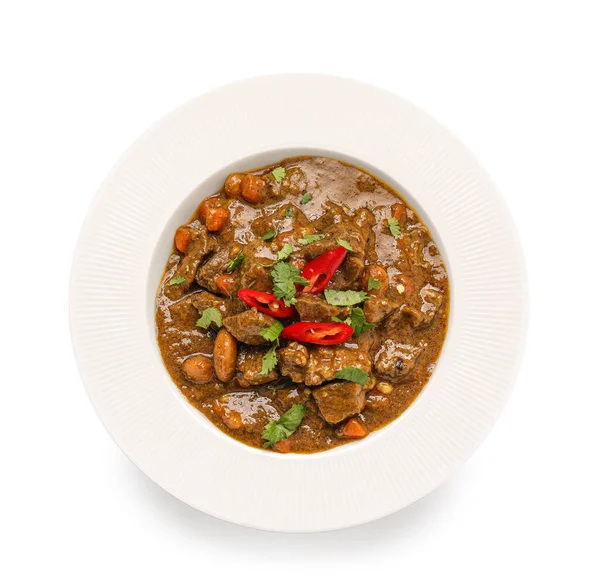 Plate Tasty Beef Curry White Background — Stock Photo, Image
