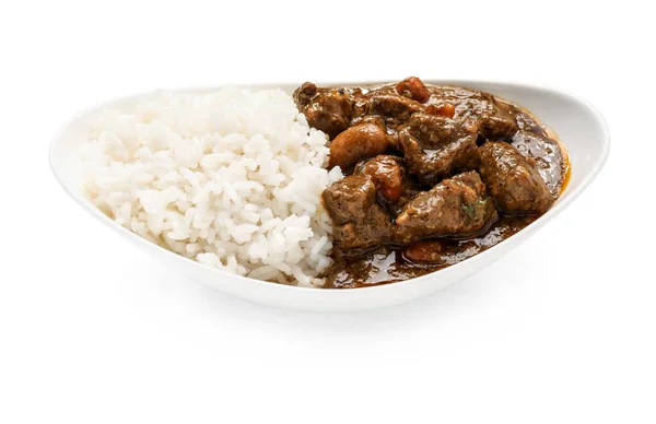 Talerz Smaczną Wołowiną Curry Ryżem Białym Tle — Zdjęcie stockowe