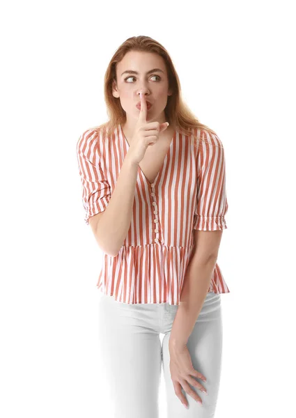 Young Woman Showing Silence Gesture White Background — Stock Photo, Image